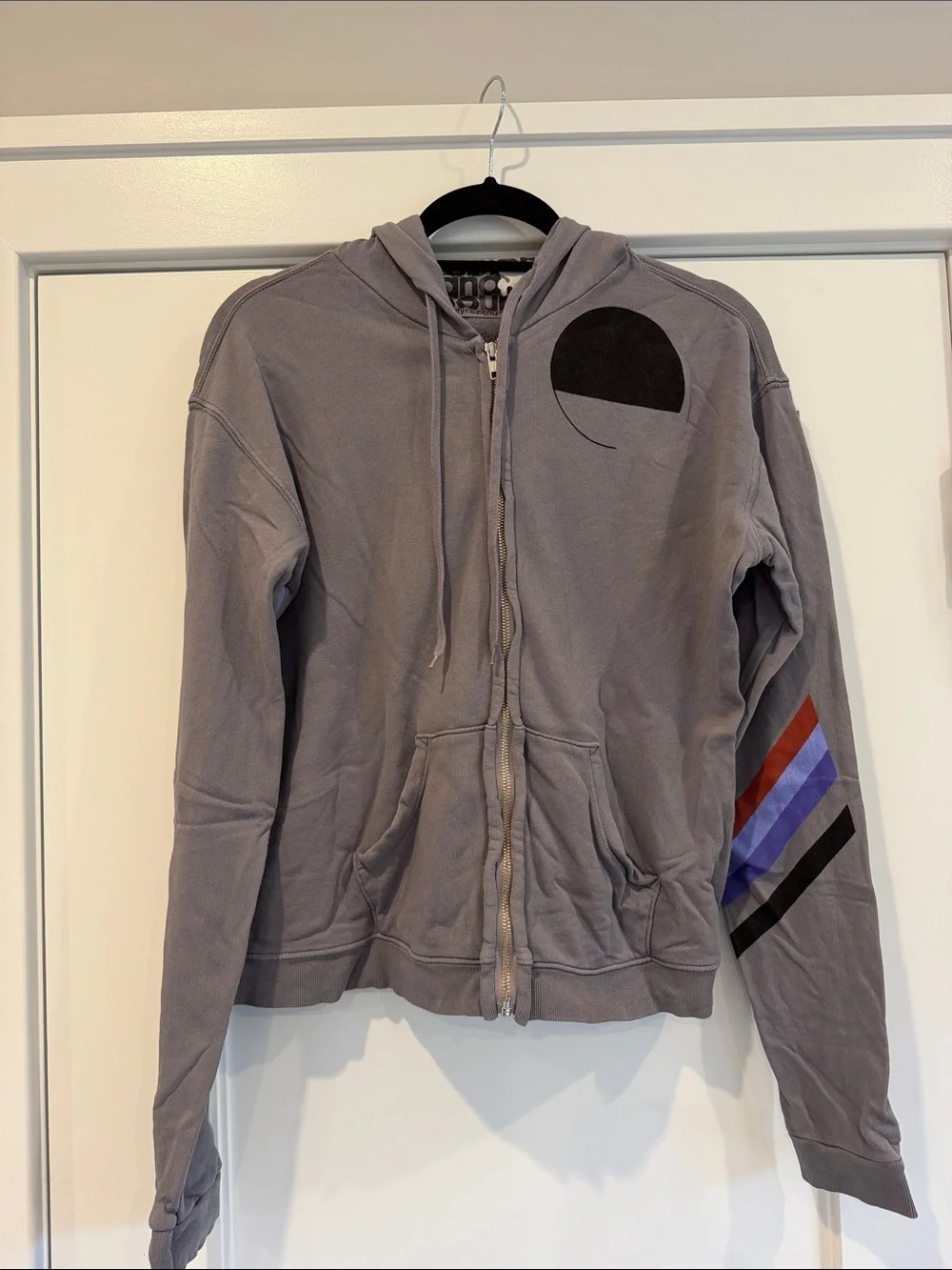 Free city Zip-Up Hoodie with Colorful Sleeve Stripes - Picture 2 of 4